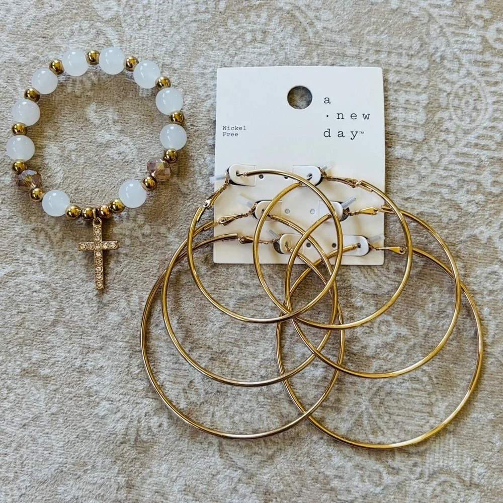 A New Day 3-Pack Gold Tone Hoop Earrings White Beaded Stretch Bracelet w/ Cross - Picture 11 of 11